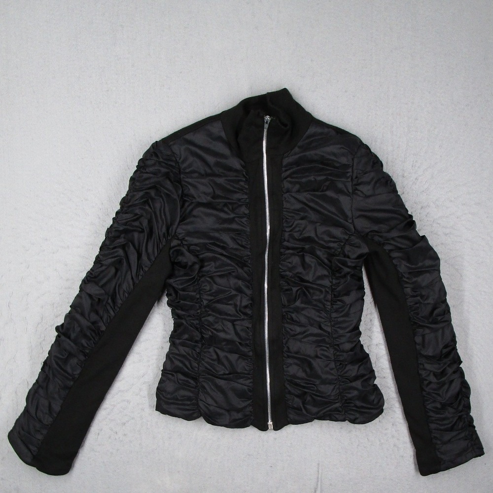 Rosso Disera Italy Womens Ruched Full Zip Funnel Neck Jacket Black Size M
